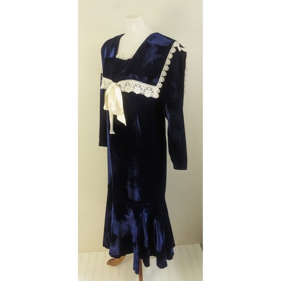 Vtg Gunne Sax Blue Velvet Dress Drop Waist Sailor Collar Lace Edwardian 4 6 USA - Picture 2 of 12